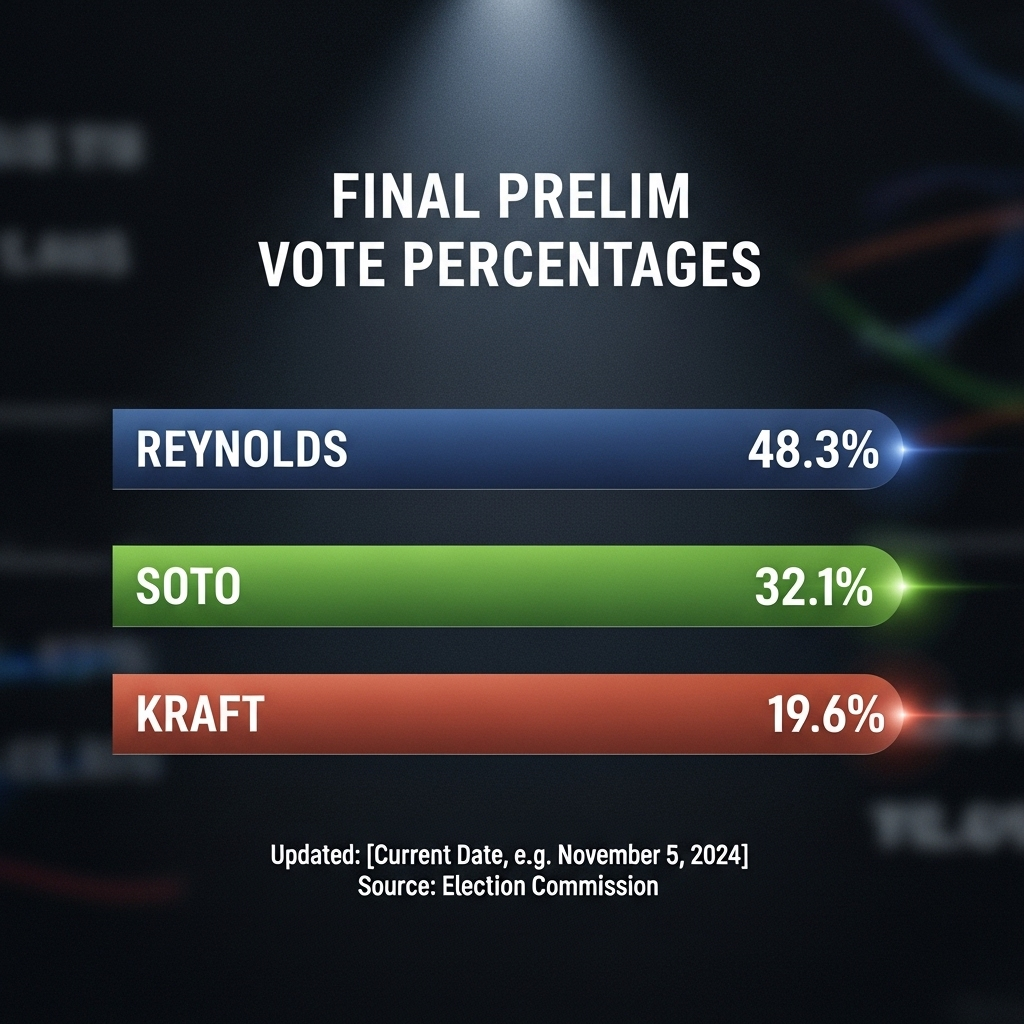 Prelim Vote Ends Kraft's Mayoral Bid: Top 2 Advance 2 A graphic showing the final prelim vote percentages for Reynolds, Soto, and Kraft.