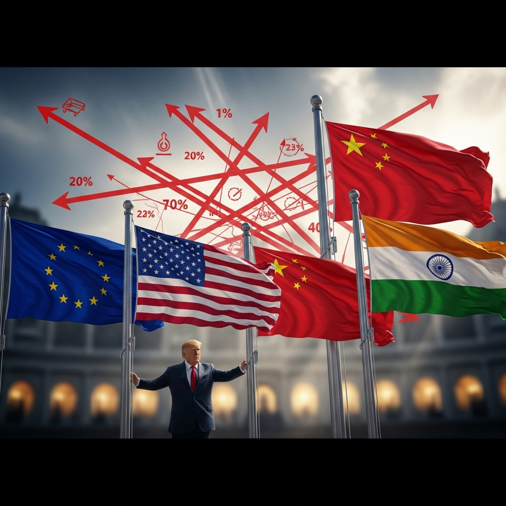 Lobbies EU: Trump Pushes 100% Tariffs on China & India 2 A graphic showing the flags of the EU, USA, China, and India with arrows indicating trade tariffs as Trump lobbies EU nations.