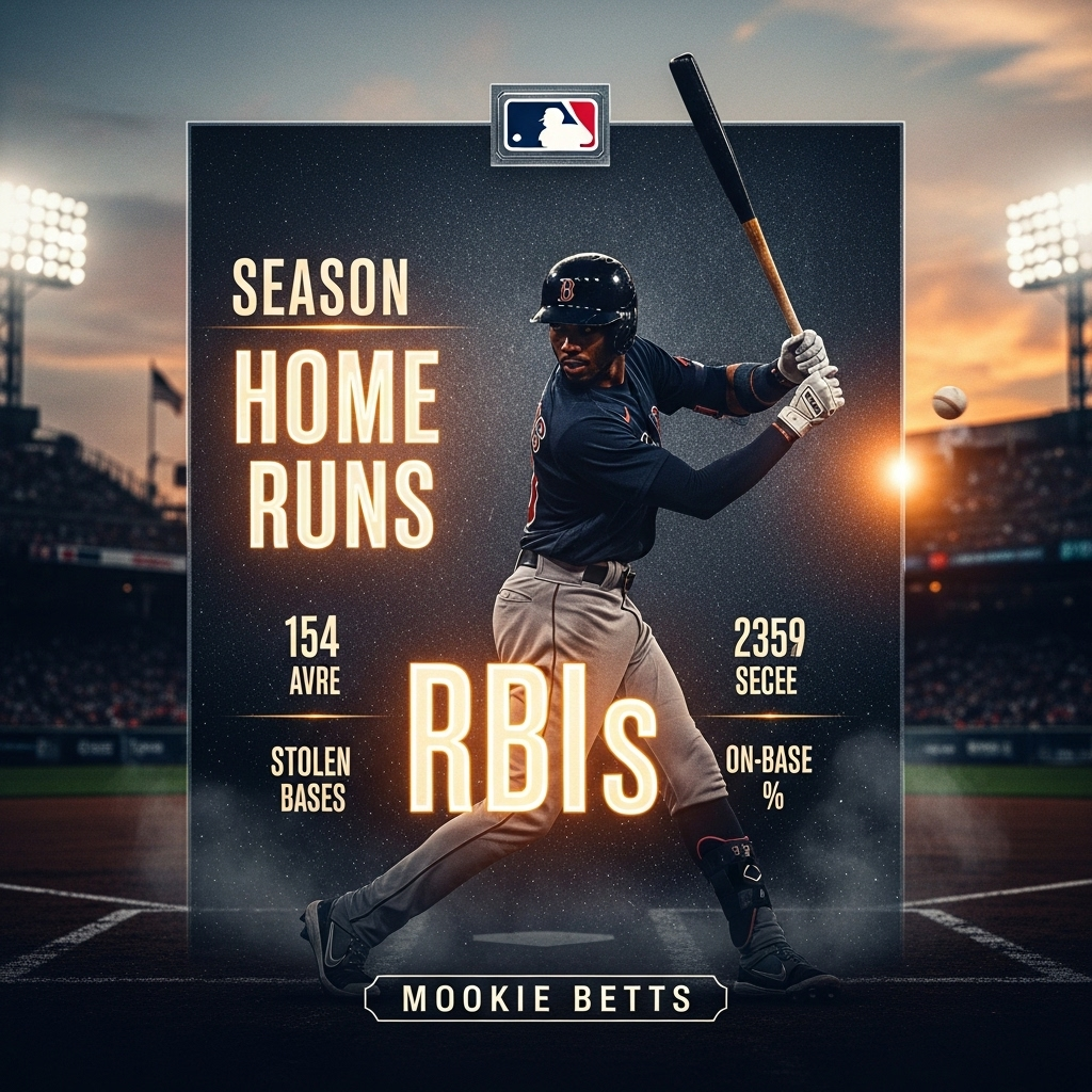 Mookie Betts Crushes Grand Slam for 4 RBIs in Big Win 4 A graphic showing the impressive season statistics for Mookie Betts, highlighting his home runs and RBIs.