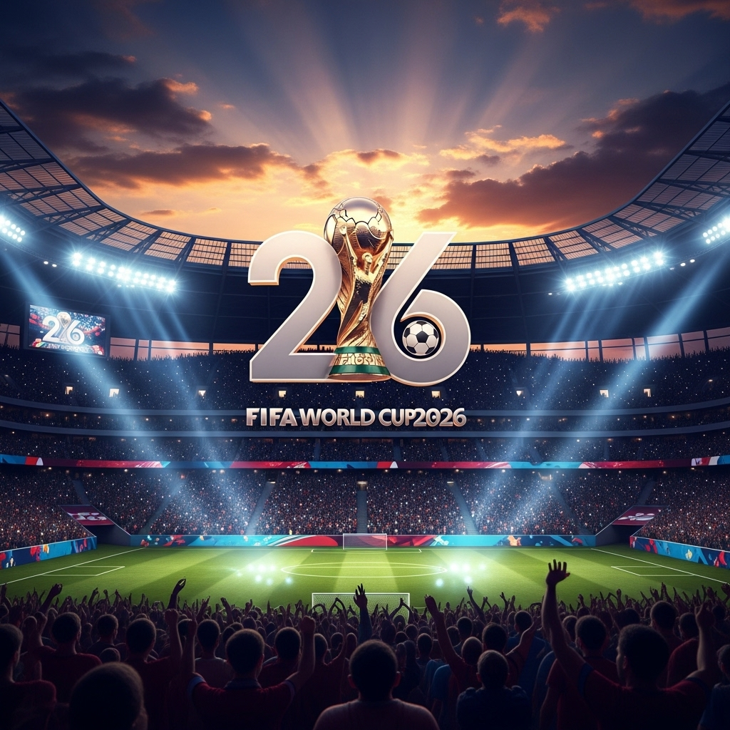 2026 World Cup: Tunisia Claims Spot with 1-0 Victory 4 A graphic showing the official logo for the FIFA 2026 world cup set against a stadium backdrop.