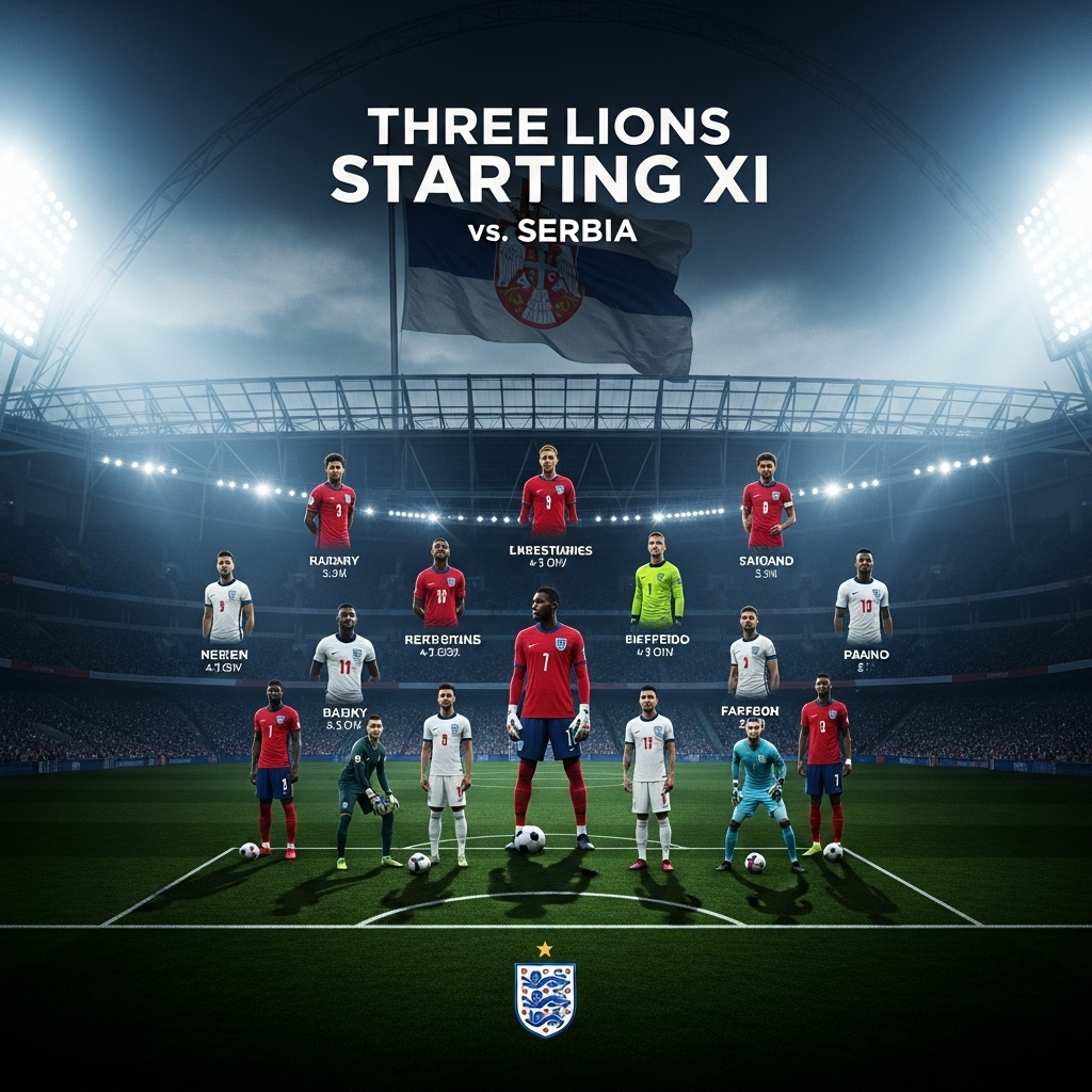 Three Lions: 1 Change as Rogers Starts vs Serbia 3 A graphic showing the Three Lions starting XI formation for the match against Serbia.