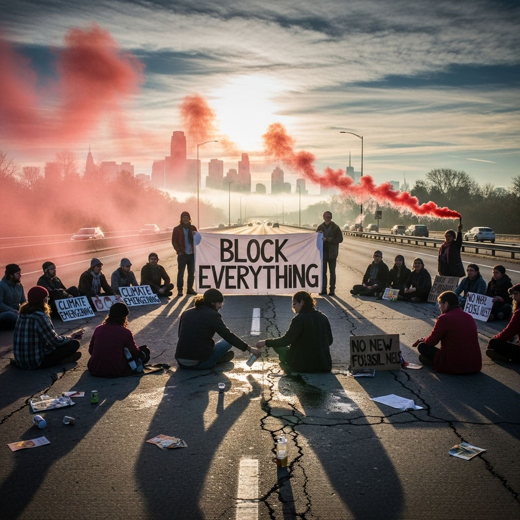 'block everything' protests: Over 300 Arrested in France 2 A group of activists sit on a major highway as part of the 'block everything' protests, holding a large banner.