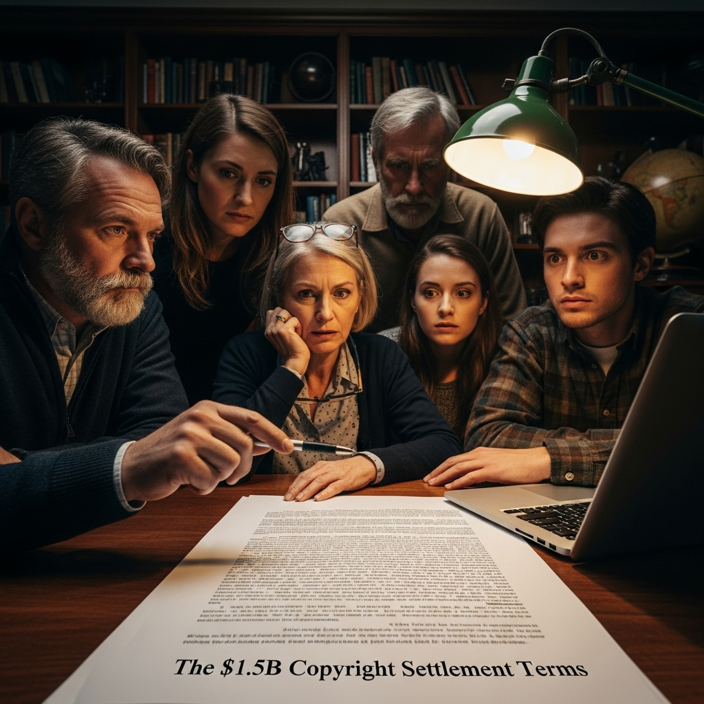 $1.5b copyright settlement: Why it's a Bad Deal for Writers 3 A group of concerned writers looking at a document labeled 'The $1.5b copyright settlement terms'.