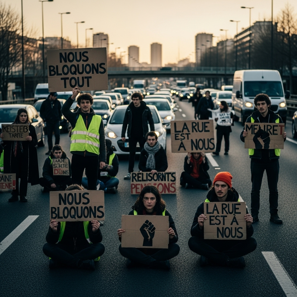 'Block Everything' Protests: French Police Arrest Hundreds 2 A group of demonstrators holding signs and blocking a major road during the 'block everything' protests in France.
