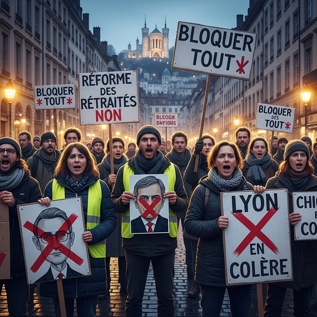 'Block everything' protests: Over 200 arrested in France 2 A group of demonstrators holding signs during the 'block everything' protests in Lyon, France.