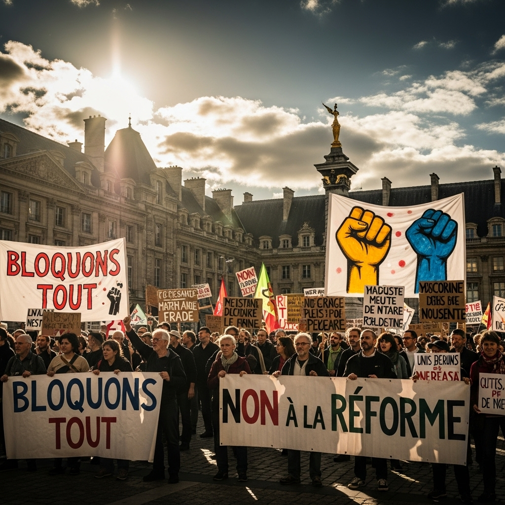 'Block everything' protests: Hundreds arrested in France 4 A group of demonstrators with banners and signs participating in the 'block everything' protests in a French city square.