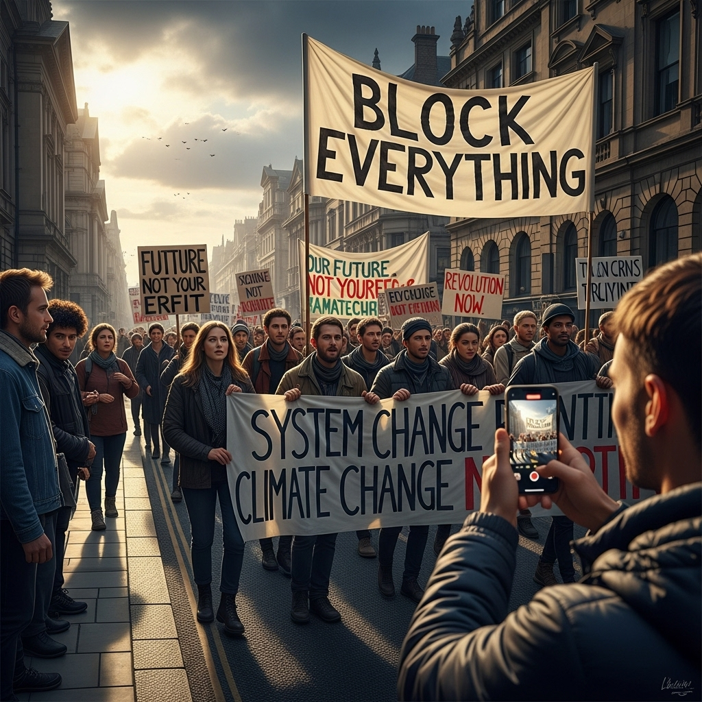 'block everything' protests: Over 300 arrested nationwide. 4 A group of demonstrators with banners participating in the 'block everything' protests being observed by onlookers.