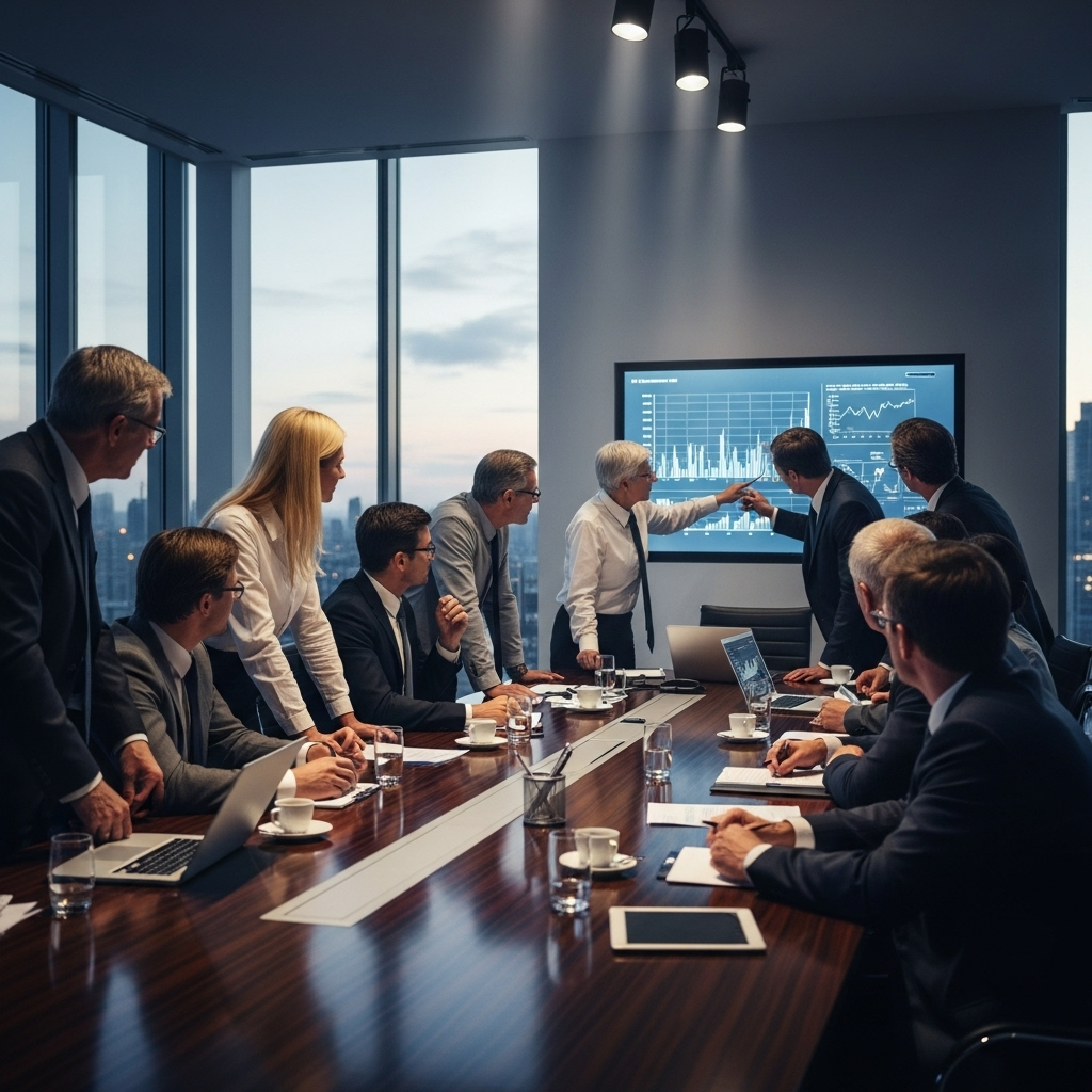 Business Chiefs: 100+ Urge Trump to Ease Immigration 2 A group of diverse business chiefs meeting in a modern boardroom to discuss economic policy.