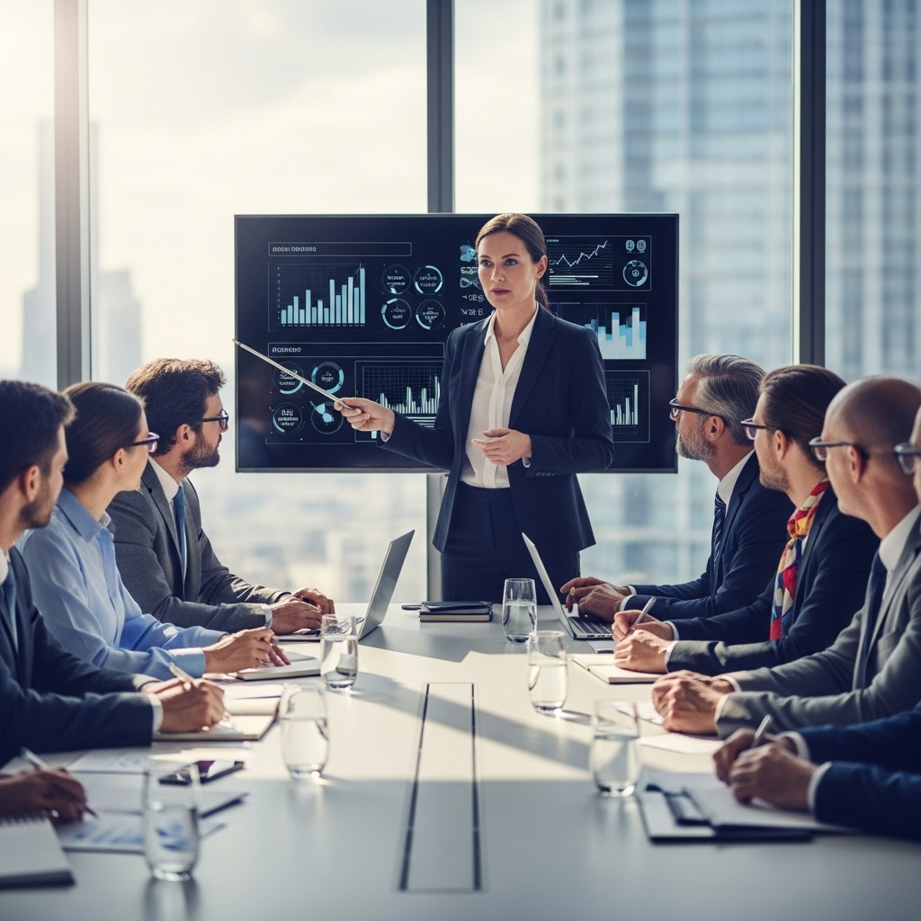 Deputy Chief Executive Officer Role: 5 Key Functions 3 A group of diverse executives in a meeting led by a deputy CEO, demonstrating the cross-functional nature of the deputy chief executive officer role.