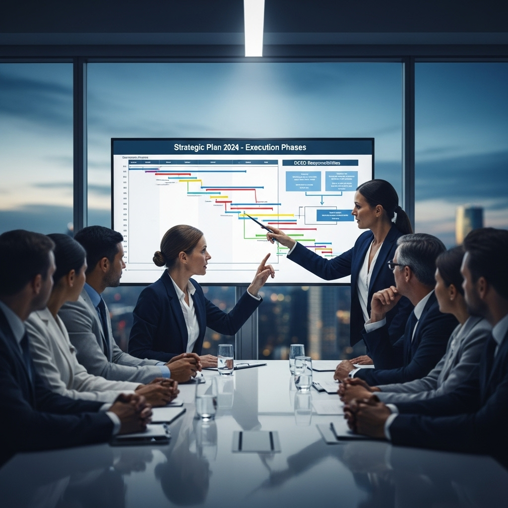 Deputy Chief Executive Officer Role: 5 Key Functions 2 A group of executives reviewing a strategic plan, highlighting the deputy chief executive officer role in execution.