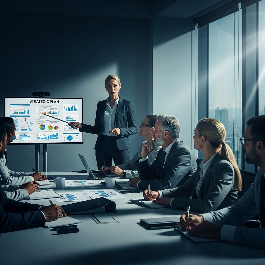 Deputy Chief Executive Officer Role: 5 Key Responsibilities 2 A group of executives reviewing a strategic plan, illustrating a key part of the deputy chief executive officer role.