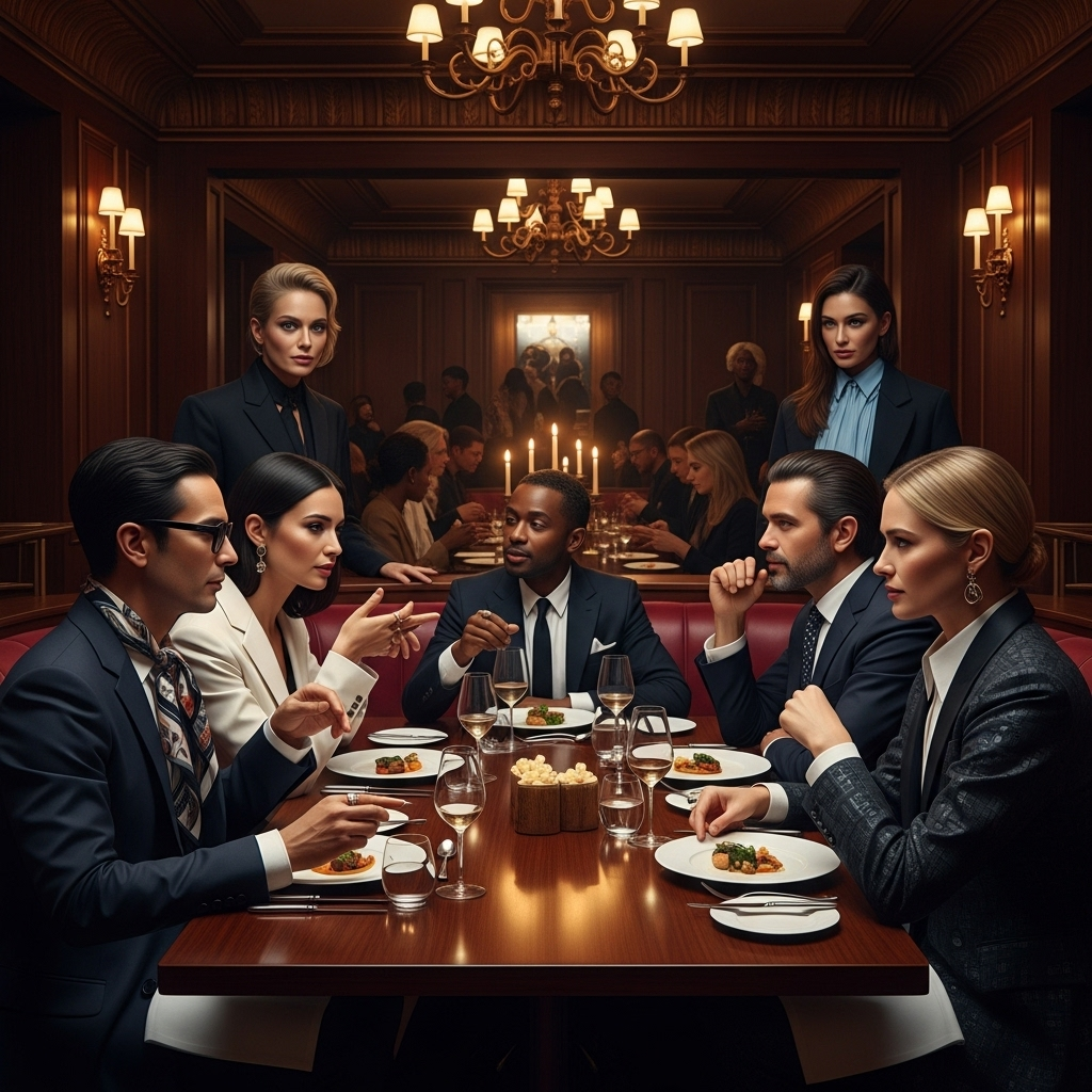 nyfw dinner: 10 Exclusive Spots for Models & A-Listers 2 A group of fashion insiders enjoying an exclusive nyfw dinner in a dimly lit, luxurious restaurant.