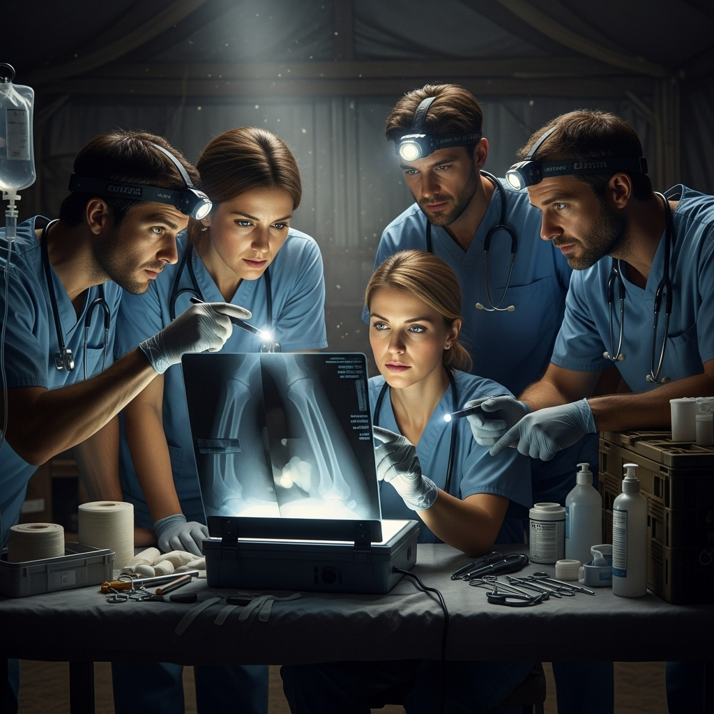 Foreign doctors: 10 testimonies on Israel targeting kids 3 A group of foreign doctors consulting over an x-ray in a makeshift medical facility.