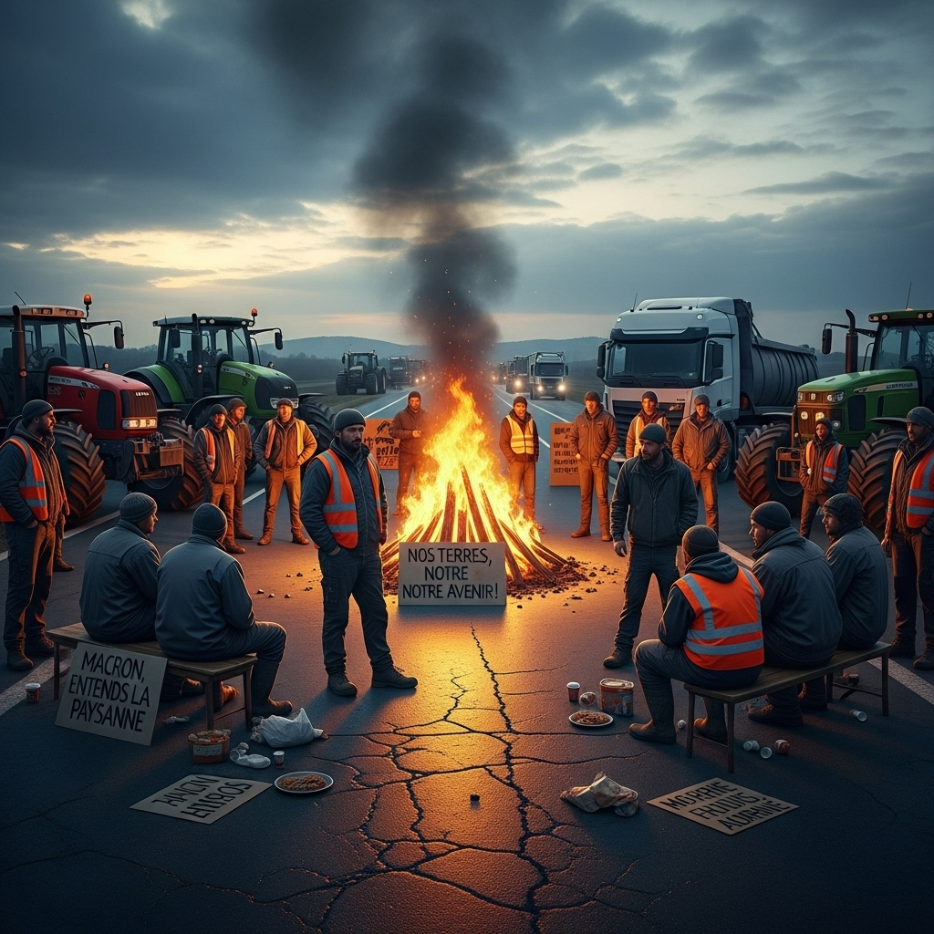 'Block Everything' Protests: France Sees 100s Arrested 2 A group of French farmers and truckers gathered around a bonfire on a blocked highway during the 'block everything' protests.