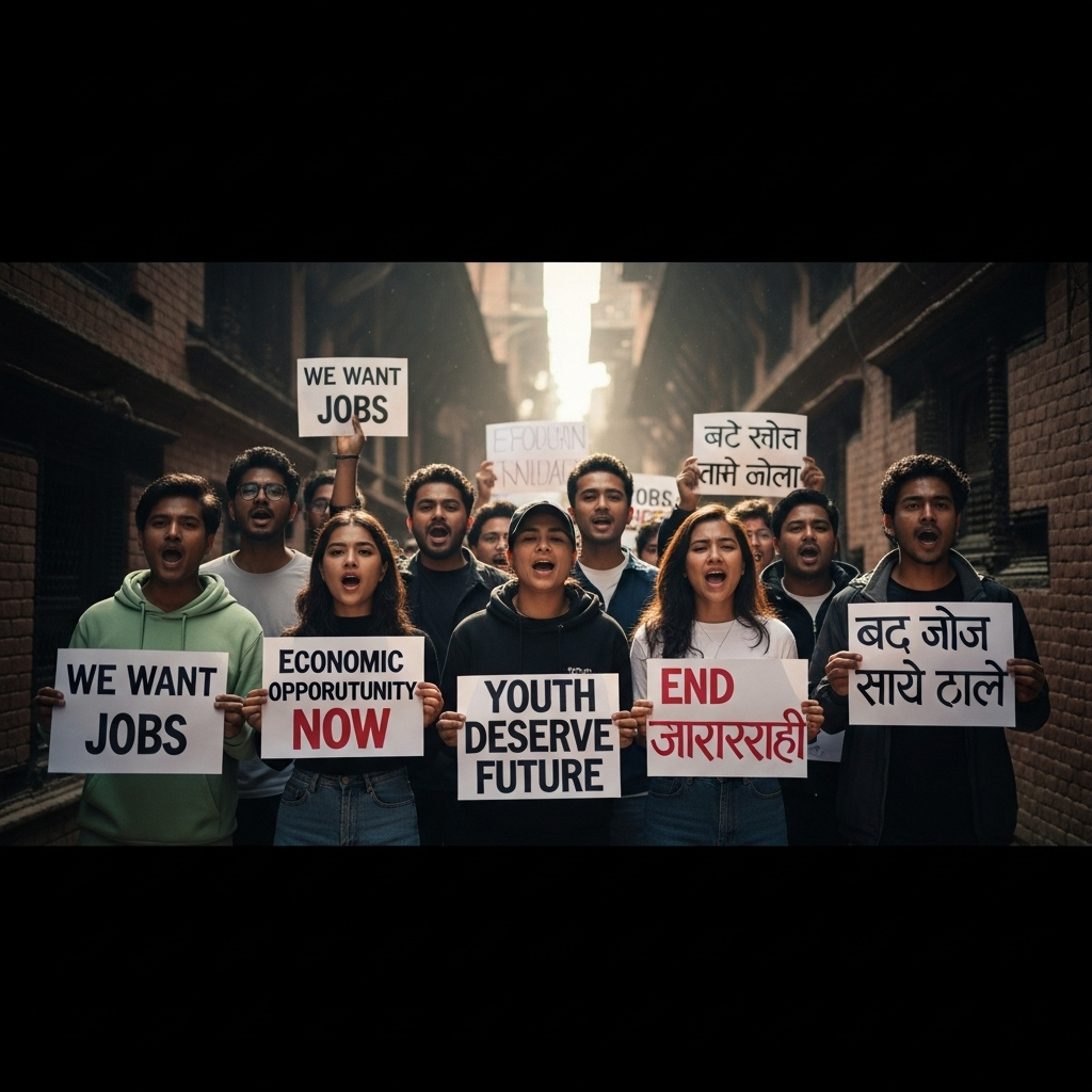 Gen Z in Nepal: 3 Reasons Behind the Youth Protests 2 A group of Nepali gen z protestors holding signs demanding jobs and economic opportunity.
