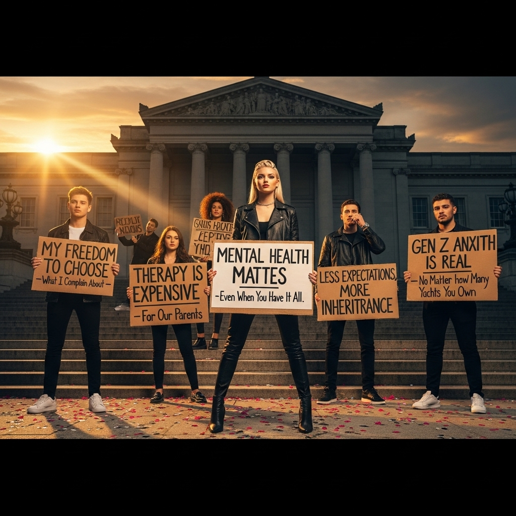 'nepo kids' protest: 3 reasons it led to a PM's fall 2 A group of 'nepo kids' holding protest signs that focus on mental health and personal freedom.