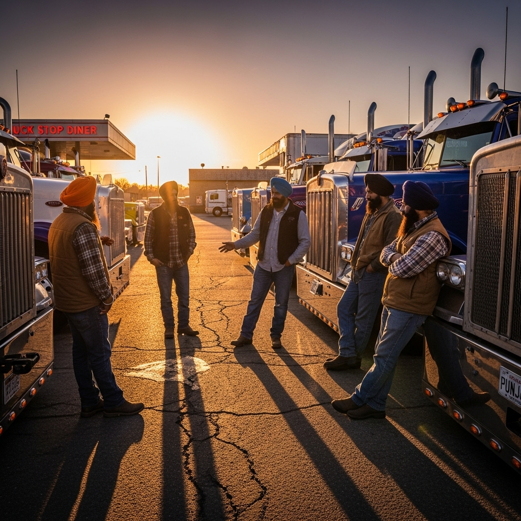 Sikh Truck Drivers Fear Backlash After 1 Fatal Crash 2 A group of Sikh truck drivers talking beside their rigs at a truck stop.