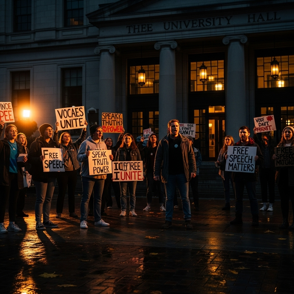 Free Speech: 100s of Students Defend Charlie Kirk's Rights 2 A group of student protesters with signs exercising their free speech rights outside a university hall.