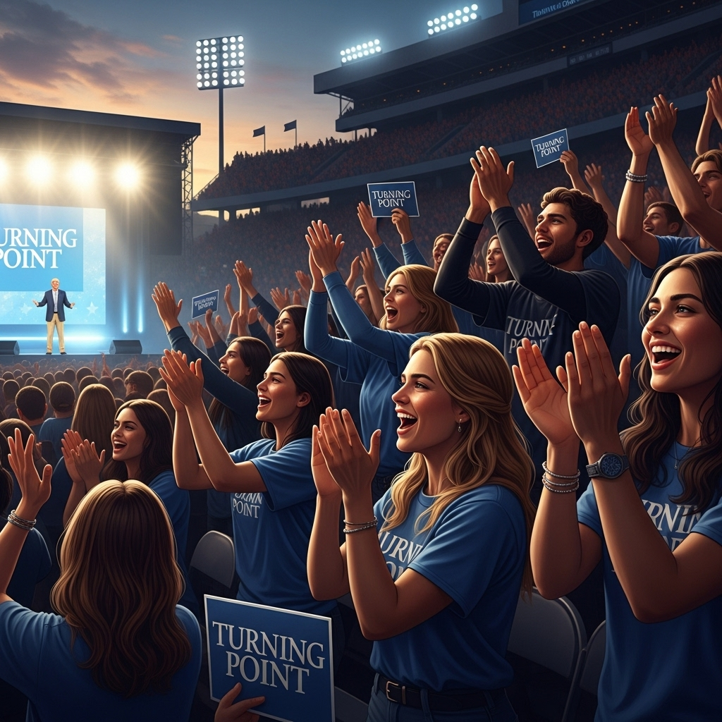 Turning Point Founder Honored by 100s at Yankees Game 4 A group of students and supporters cheering for the Turning Point founder from the stands.