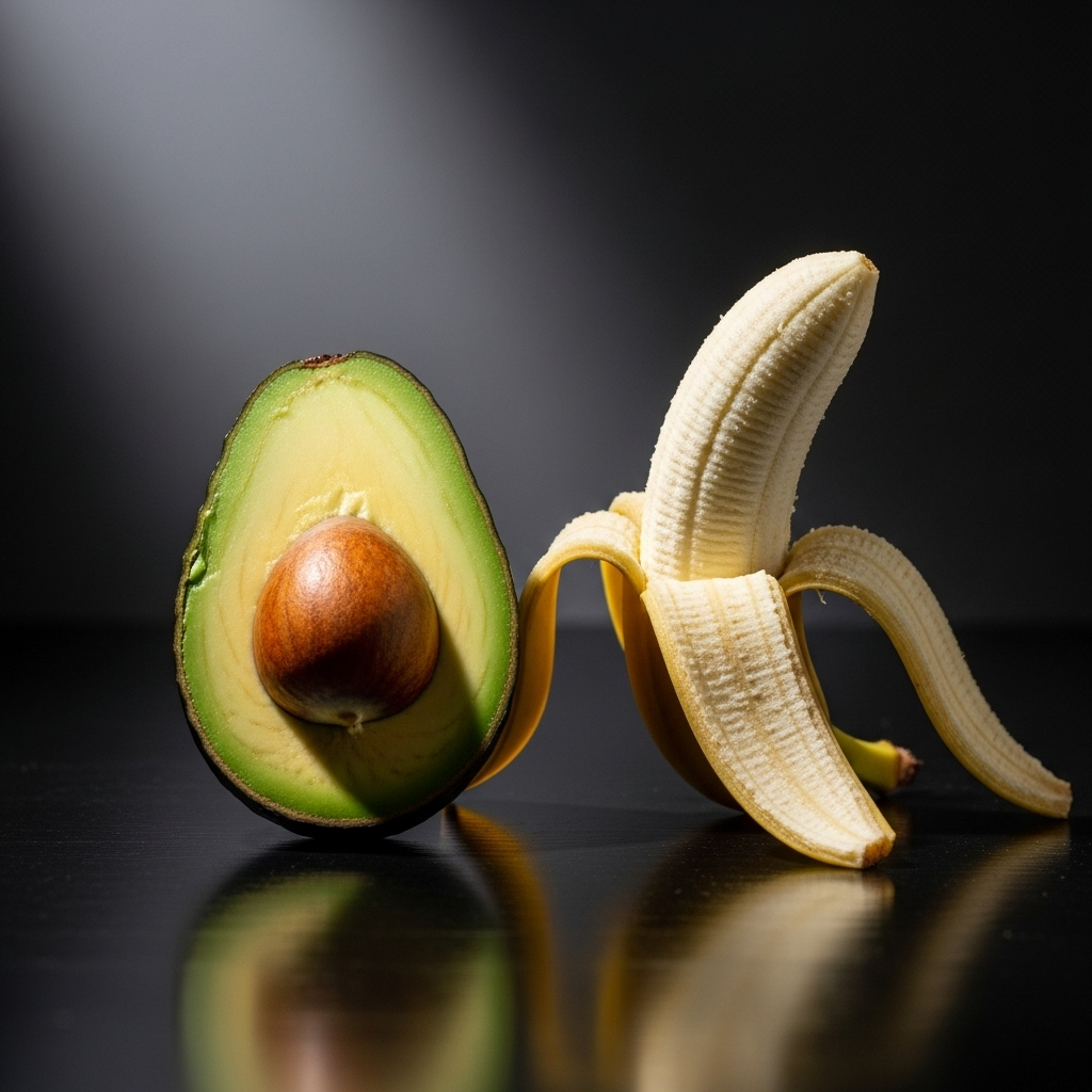 True Berries: 5 Shocking Fruits That Aren't What You Think 3 A halved avocado sitting next to a peeled banana, two surprising examples of true berries.