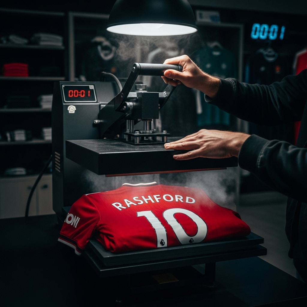 Sports Shop Saves Man Utd's 11 Players Before Kick-Off 3 A heat press machine in the sports shop applying a player's name to a Man Utd jersey under intense time pressure.