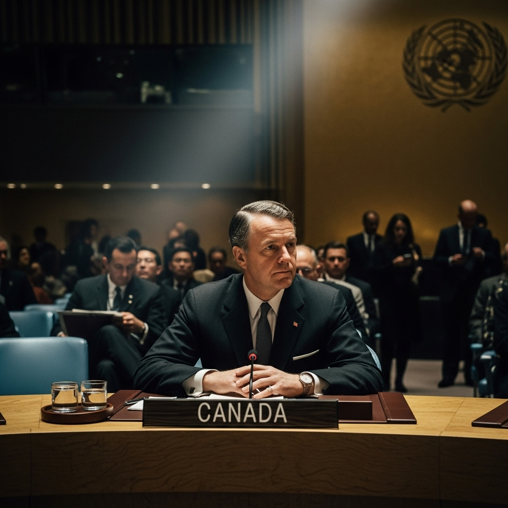 foreign minister: Canada's 1 Big Israel Policy Question 2 A historical photo of a previous Canadian foreign minister at the United Nations, embodying the 'honest broker' role.