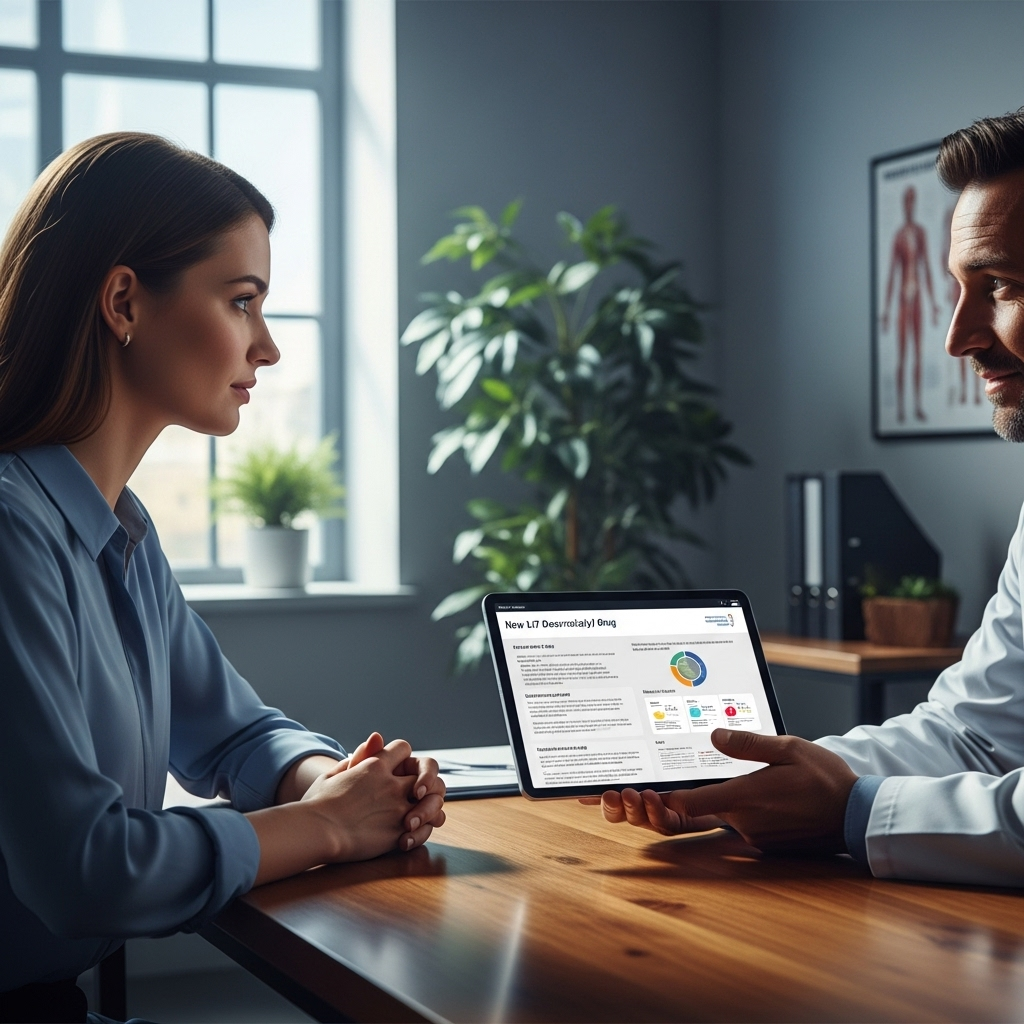 IL-17 Drug Phase 3 Success for Junshi's Psoriasis Med 4 A hopeful patient discussing treatment options for psoriasis with a dermatologist, with information about the new il-17 drug on a tablet.