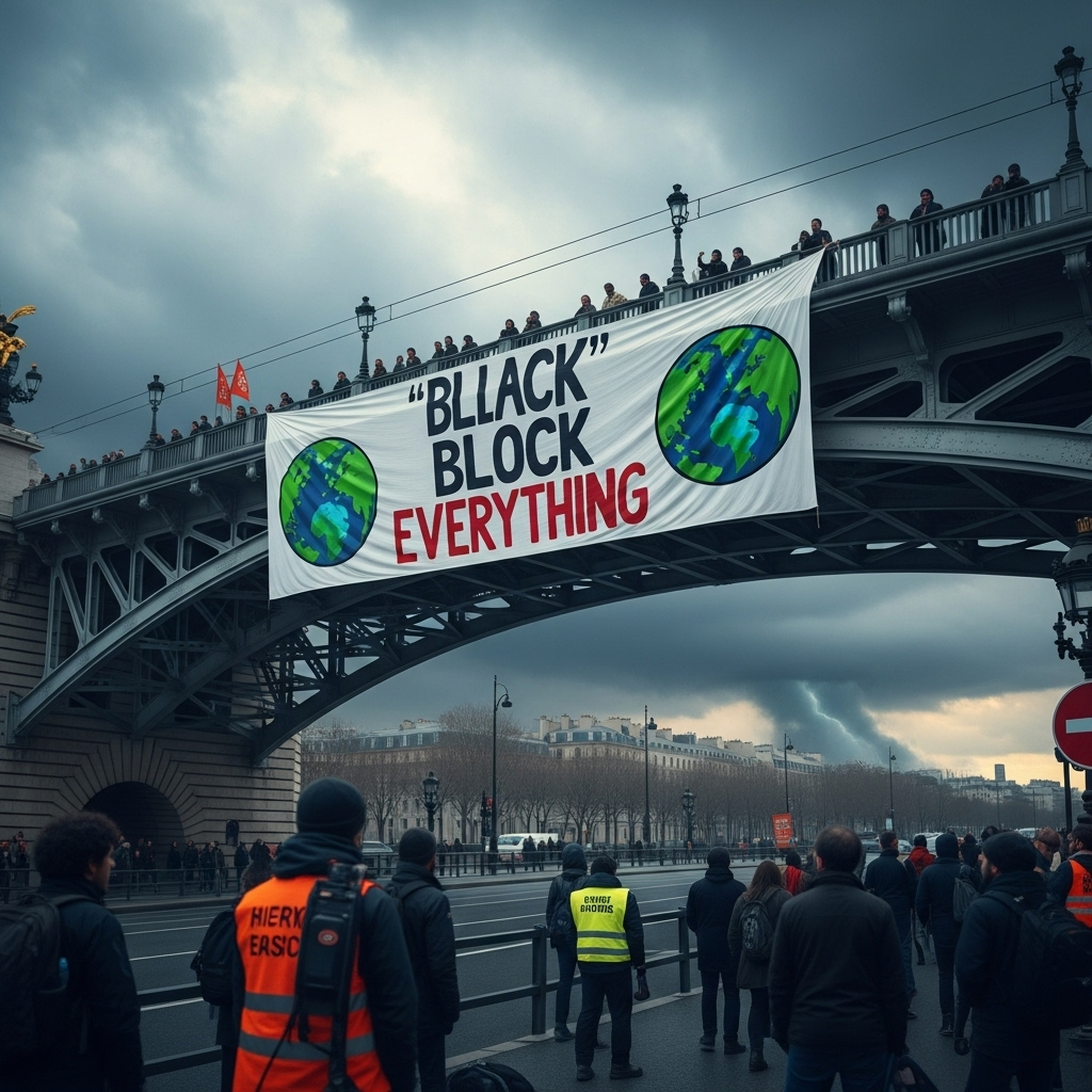 'Block everything' protests: Over 200 arrested in France 2 A large banner with climate slogans hangs from a bridge during the 'block everything' protests in France.