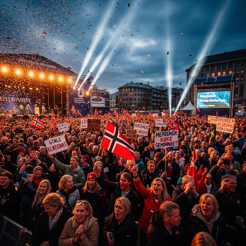 Populist Right Surges to 2nd in Norway's Election 4 A large crowd of supporters at a rally celebrating as the populist right surges to victory in Norway.