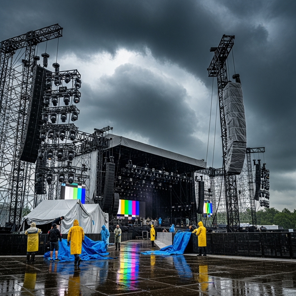 Outdoor Events: 5 Big Challenges in Event Security 3 A large stage at an outdoor events concert being set up under a cloudy sky, highlighting weather concerns.