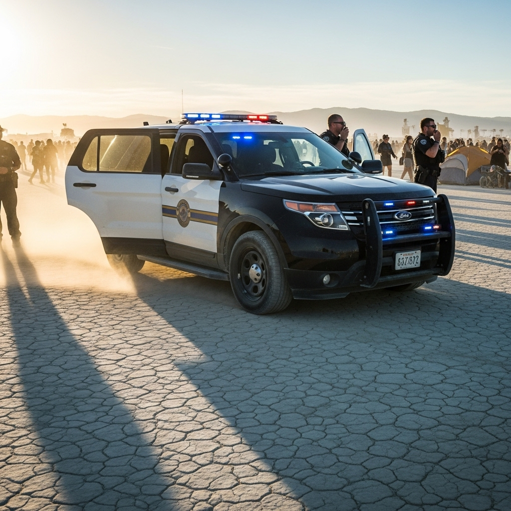 Police hunt for 1 killer at Burning Man amid strange events 4 A law enforcement SUV parked on the dusty playa, a central element of the active police hunt at the festival.