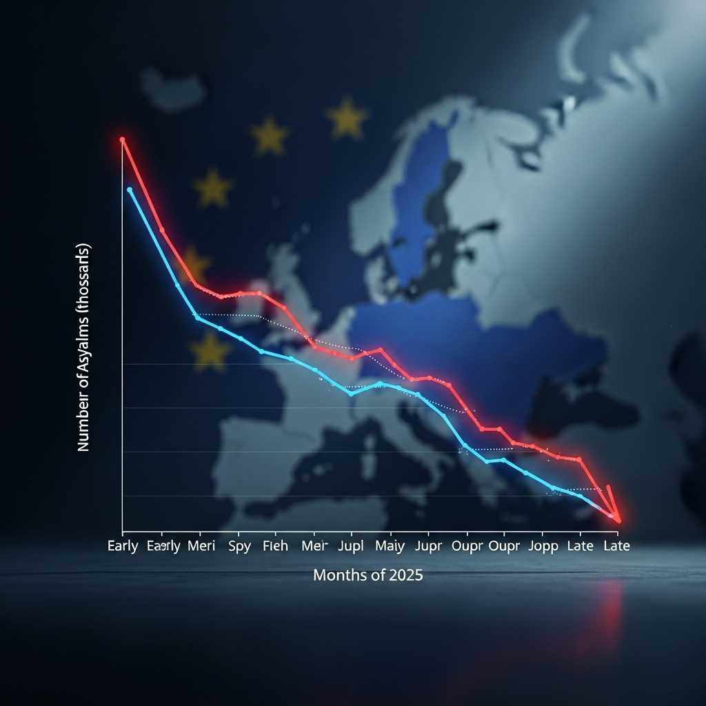 Huge Drop: EU Asylum Applications Fall 23% in 2025 2 A line graph showing the huge drop in EU asylum claims throughout 2025.