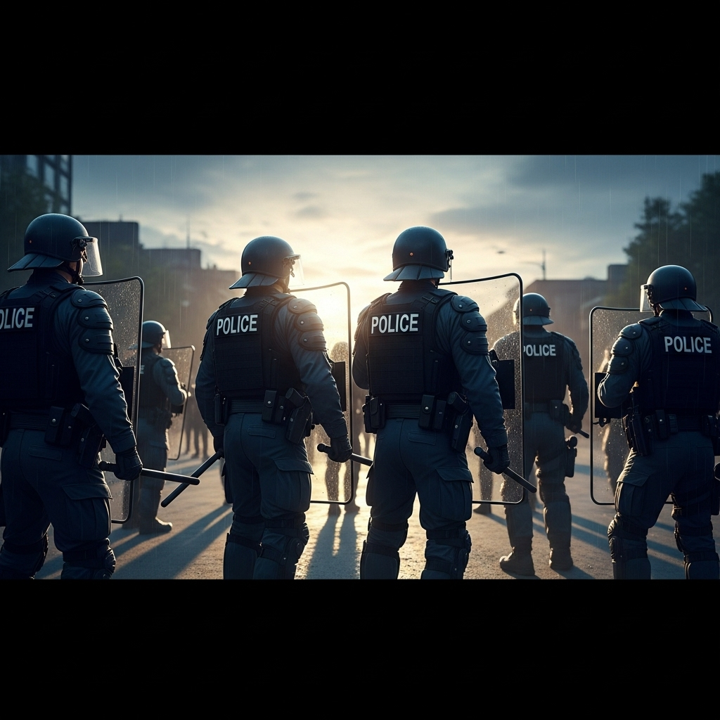 Protest Violence: Tom Homan's 2-Pronged Plan for Order 3 A line of local police officers in riot gear standing ready to address potential protest violence.