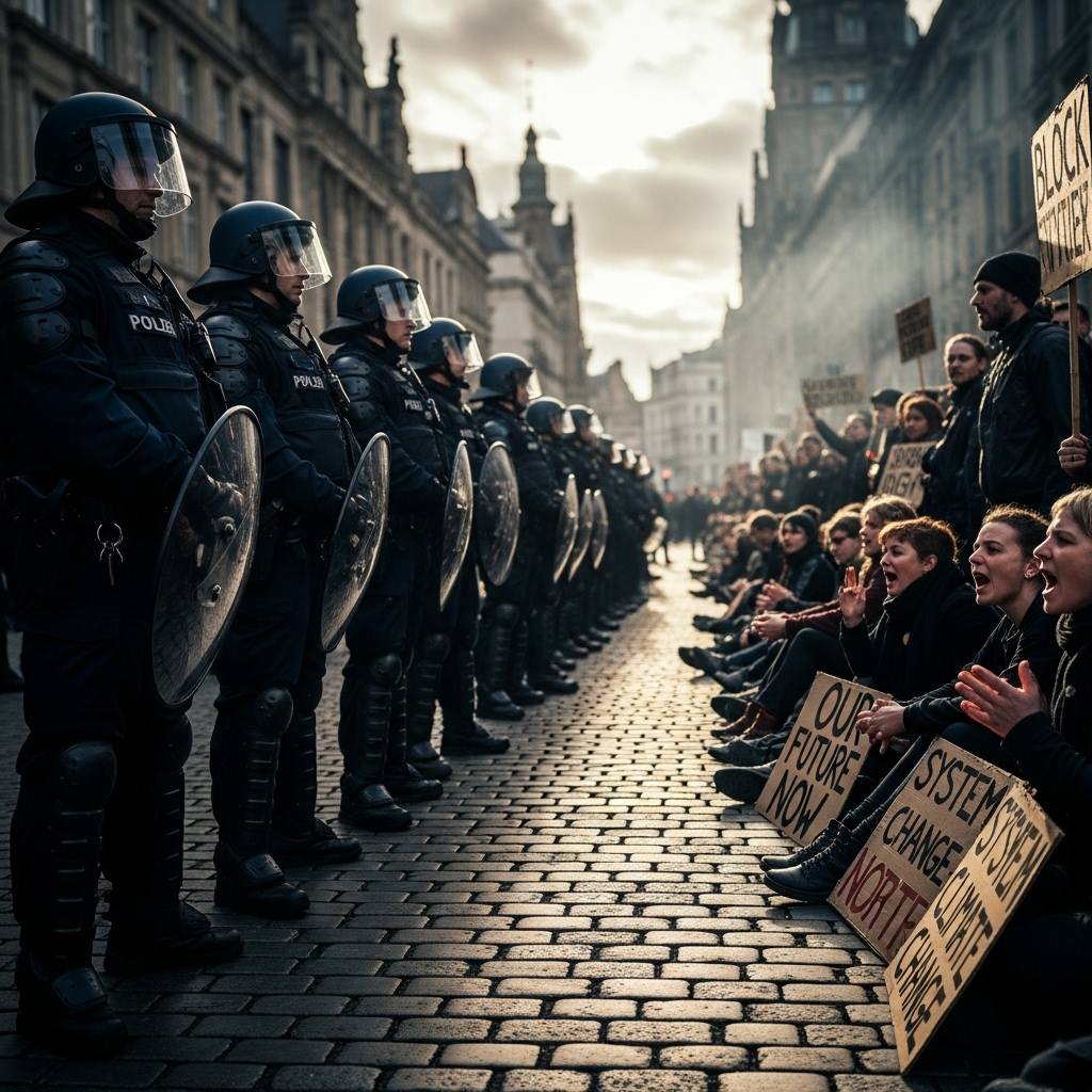 'Block everything' protests: Over 200 arrested in France 4 A line of police officers stands guard as activists stage a sit-in during the 'block everything' protests.