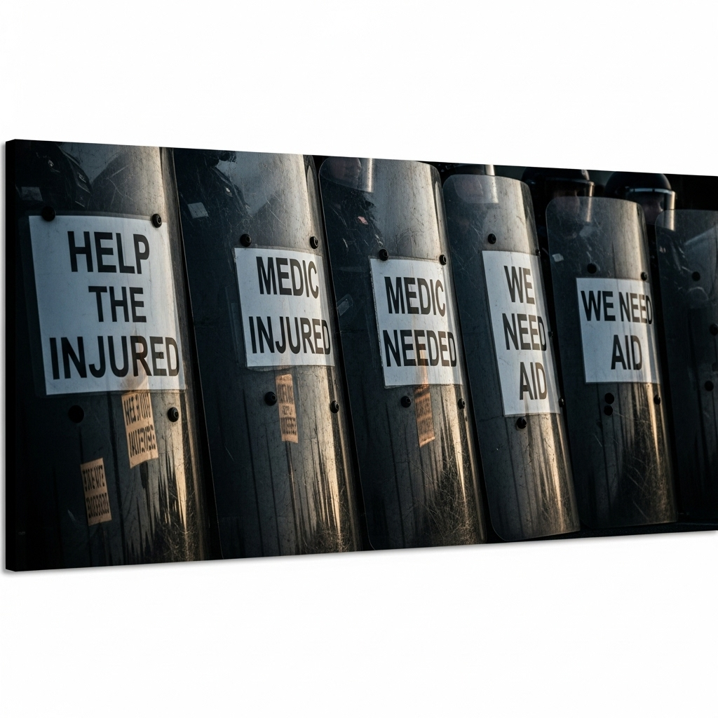 Injured Protester: 1 German Police Tactic Scrutinized 4 A line of riot police shields with protesters' signs reflected in them; the signs reference helping an injured protester.