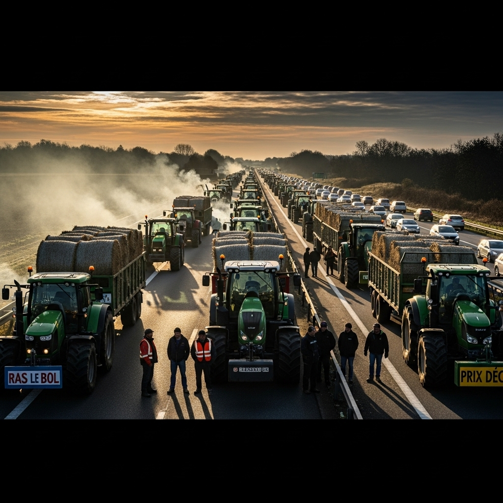 'Block Everything' Protests: France Arrests Over 100 2 A line of tractors blocking a multi-lane highway during the 'block everything' protests in France.