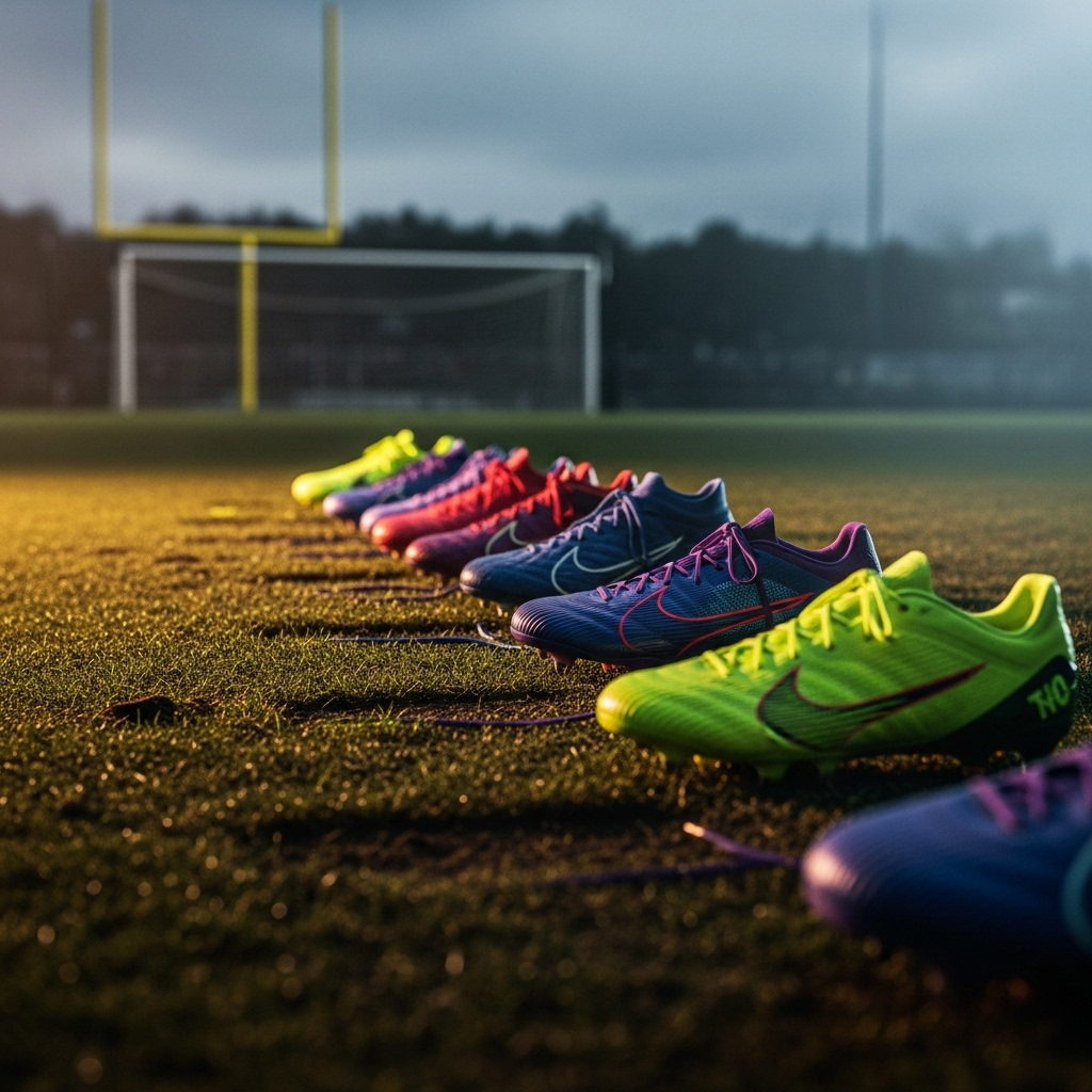Missing Boots: 3 Man Utd Stars in a Pre-Match Panic 3 A lineup of several different colorful football boots, highlighting the problem of the missing boots for the players.