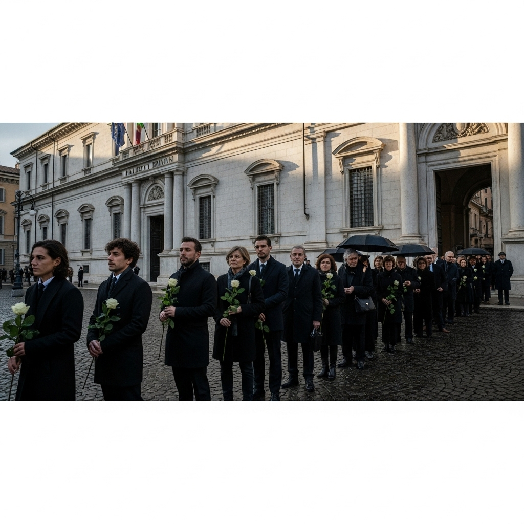 a long line of mourners waiting outside a historic building for the public viewing of giorgio armani 0
