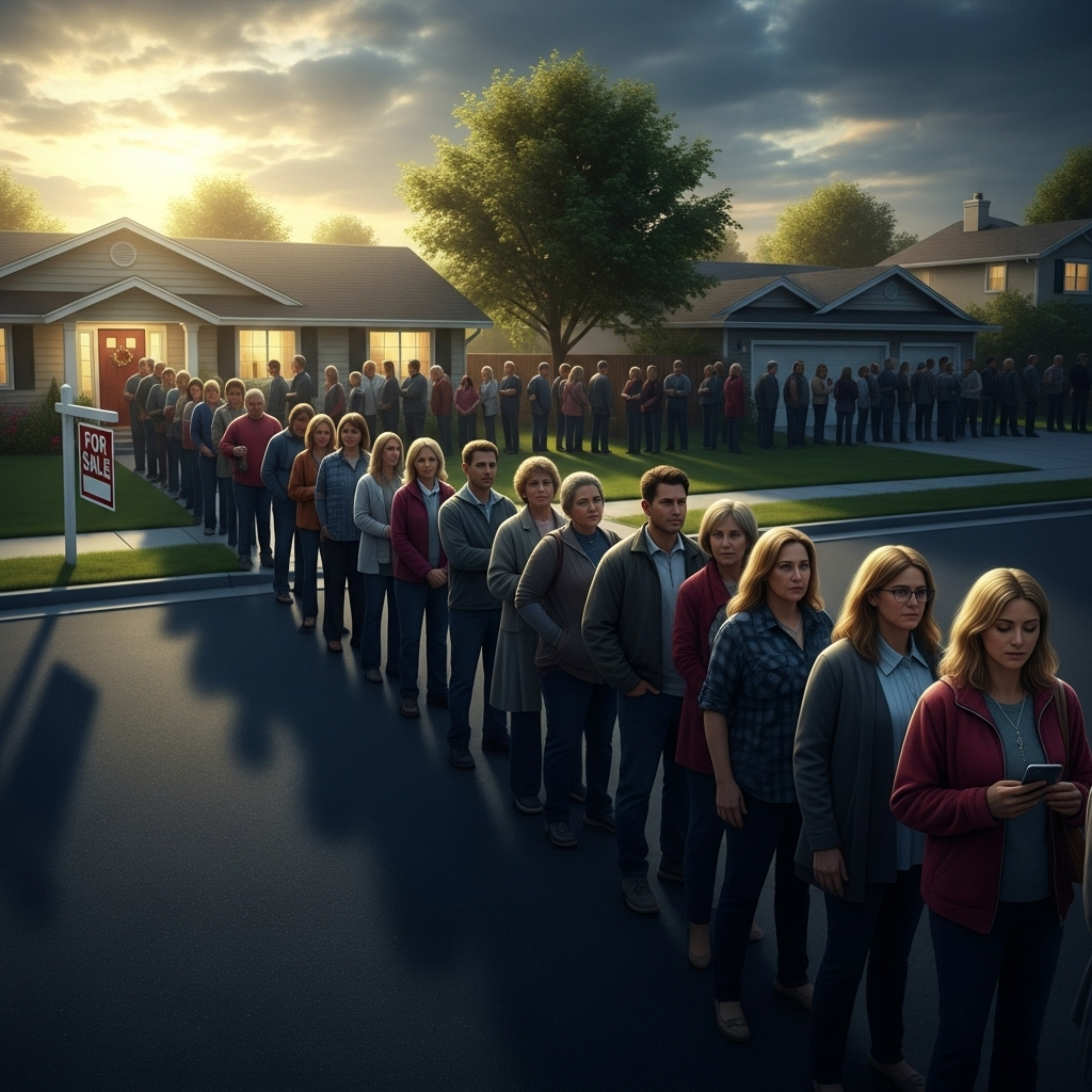 Crisis Deepens: 1 Developer Warns of Housing Emergency 3 A long line of people at an open house viewing, illustrating how the housing crisis deepens competition.