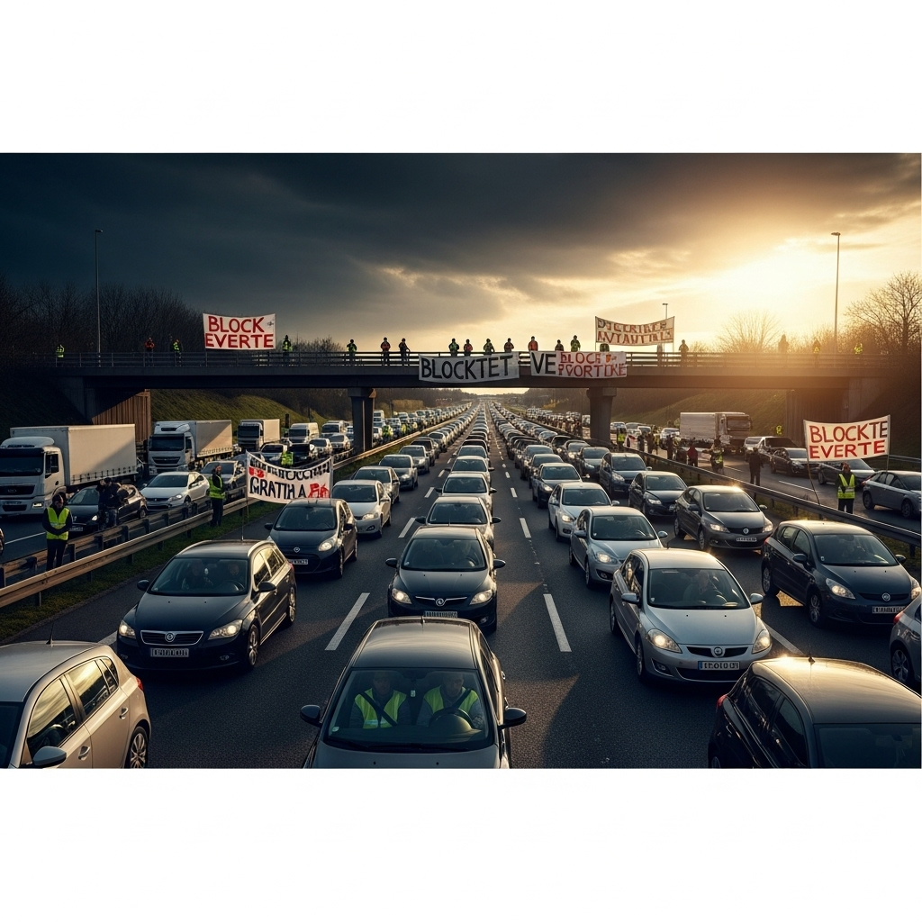 'block everything' protests: 100s arrested in France 4 A long line of stopped cars on a French highway, a direct result of the 'block everything' protests.
