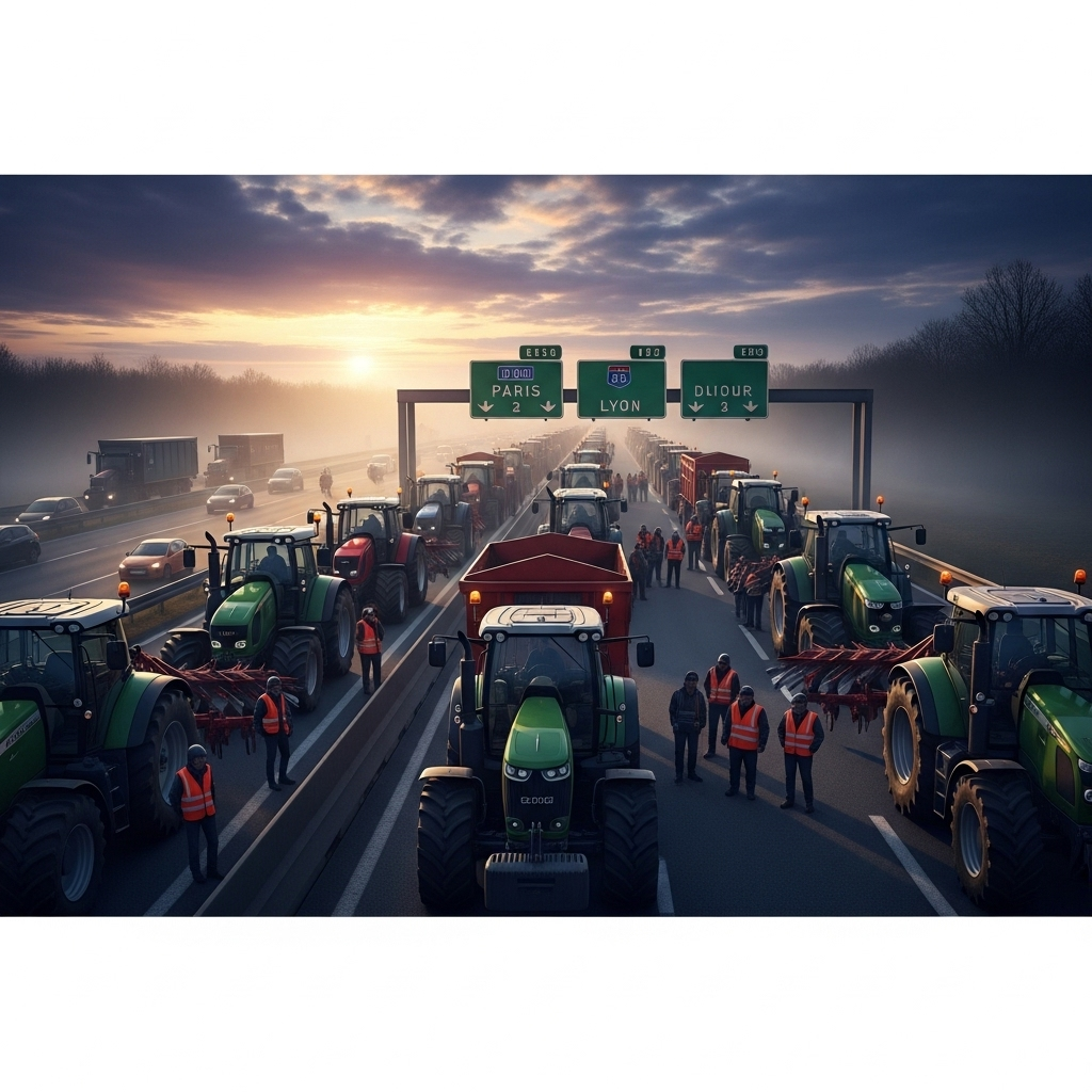 'block everything' protests': France Sees 100s Arrested 2 A long line of tractors blocking a major French highway during the 'block everything' protests