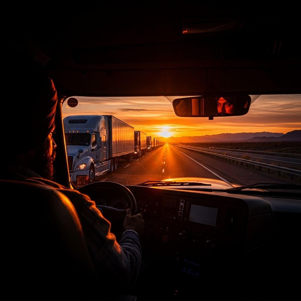 Sikh Truck Drivers Fear Backlash After 1 Fatal Crash 4 A long line of trucks on a highway at sunset, including one driven by a Sikh truck driver.