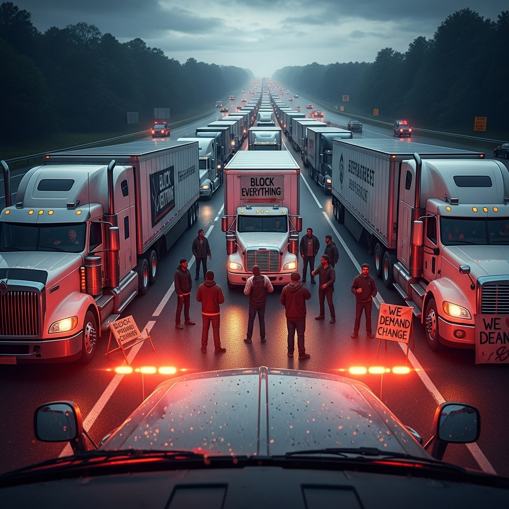 'Block Everything' Protests: Hundreds Arrested in France 4 A long line of trucks stopped on a highway due to the disruptive 'block everything' protests.