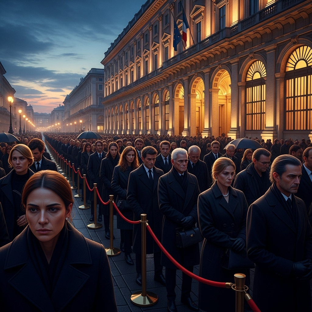 Public viewing: 1000s mourn designer Giorgio Armani 2 A long, somber queue of mourners attending the public viewing for Giorgio Armani outside the Palazzo Reale.