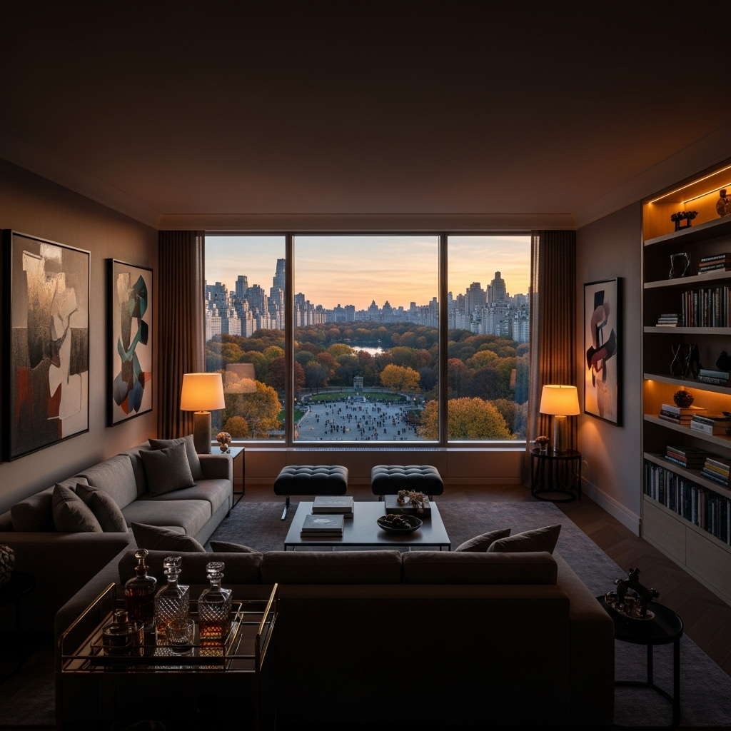 57th Street: Your 2024 Guide to Billionaires' Row 4 A luxury apartment interior on 57th Street with a stunning floor-to-ceiling view of Central Park.