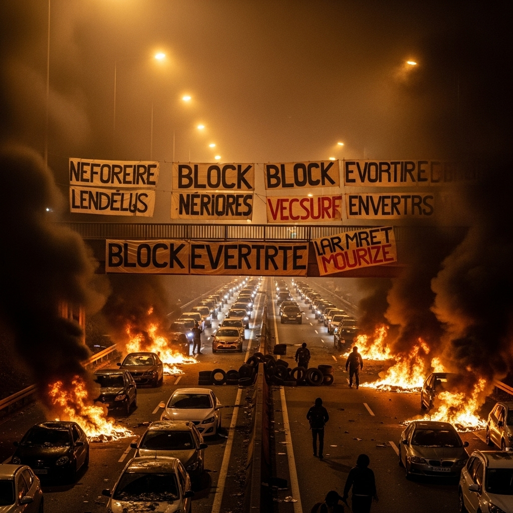 'Block Everything' Protests: Over 200 Arrested in France 3 A major French highway brought to a complete standstill by burning tires and banners from the 'block everything' protests.