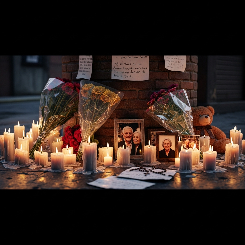 Elderly Couple: 2 Dead in NYC, Citywide Manhunt Begins 4 A makeshift memorial with candles and flowers on the sidewalk for the murdered elderly couple.