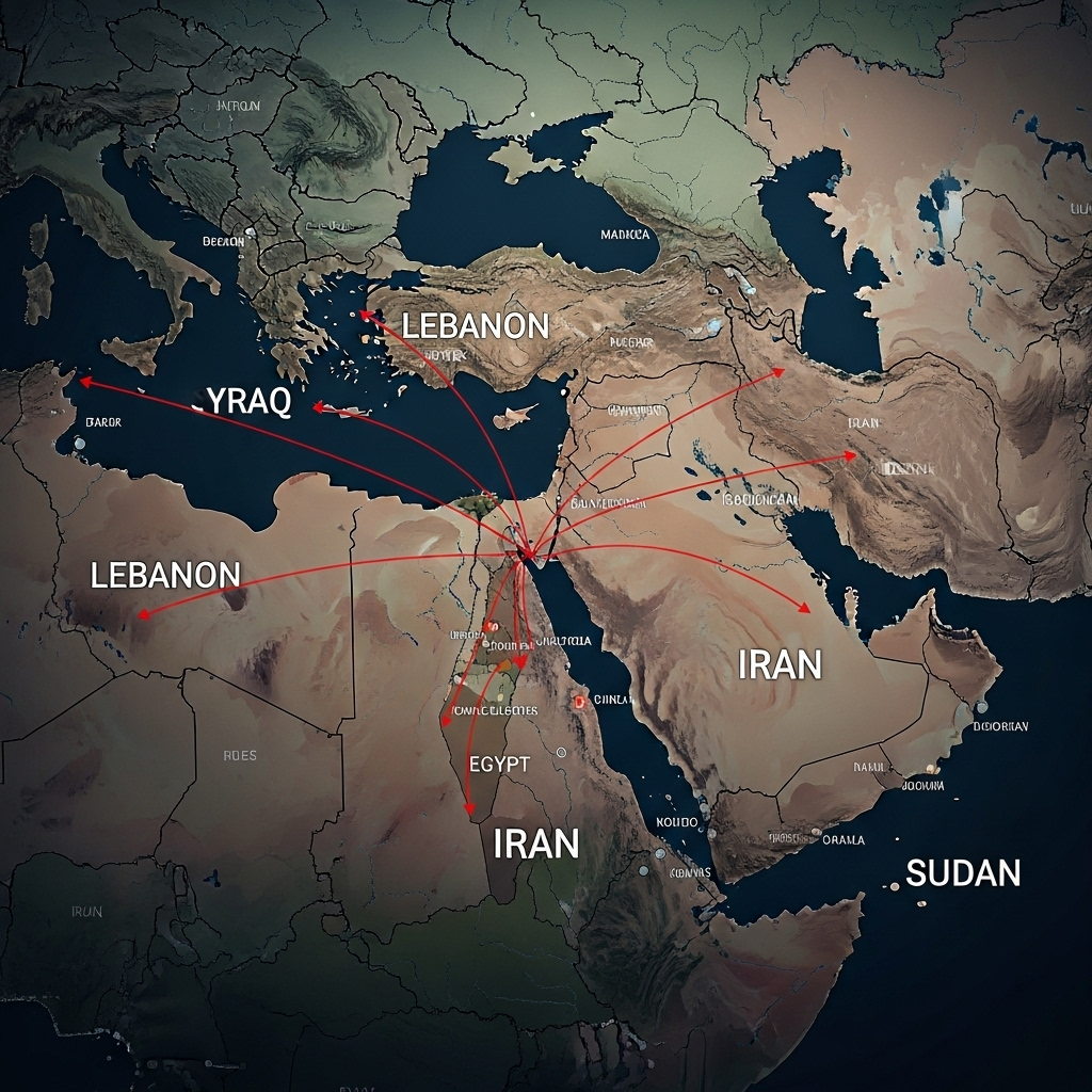 six countries: Israel Attacks 6 Nations in Past 72 Hours 2 A map illustrating the geographic spread of Israeli attacks against the six countries.