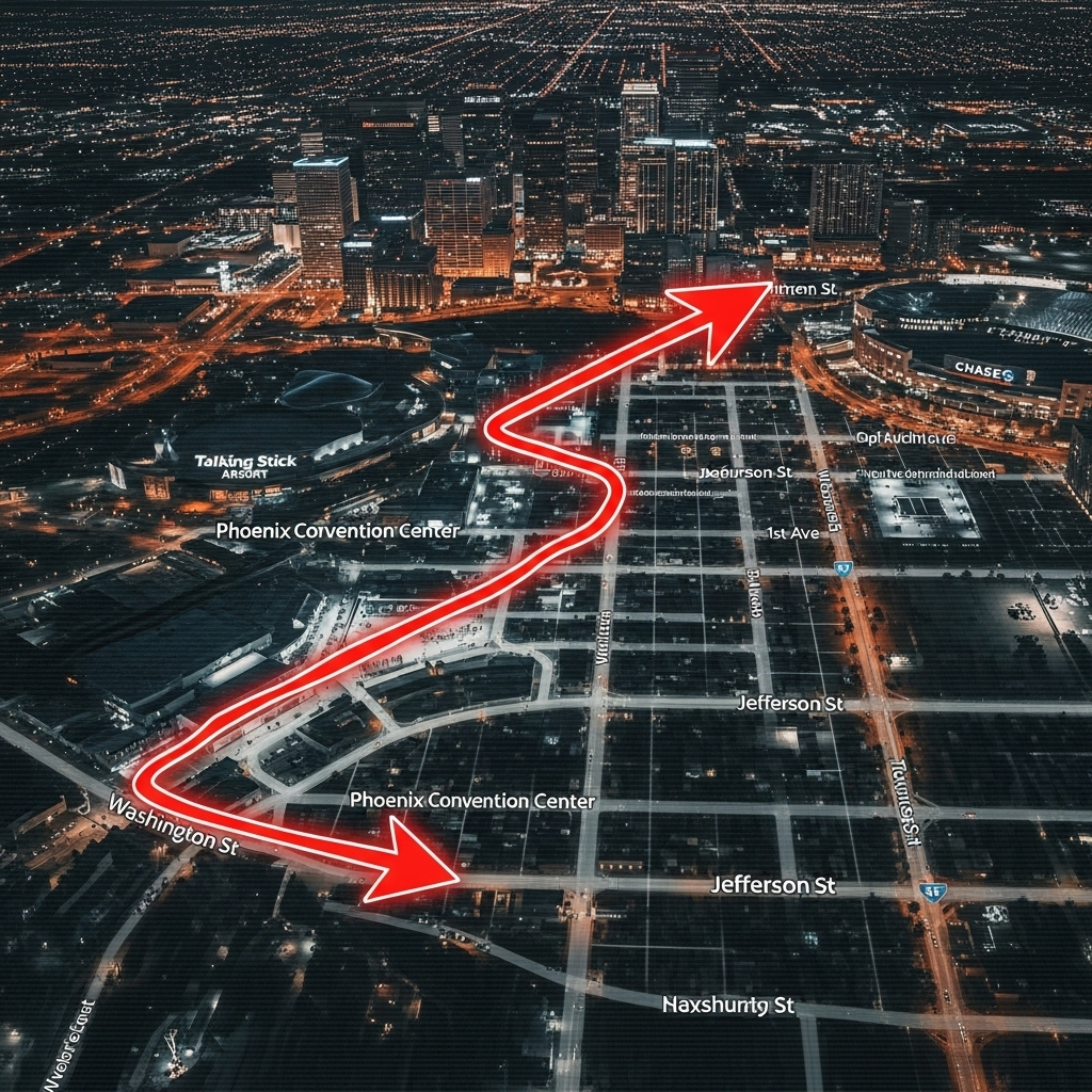 new video: 1st Look at Charlie Kirk's Suspected Shooter 4 A map of downtown Phoenix with an arrow showing the suspect's path seen in the new video.