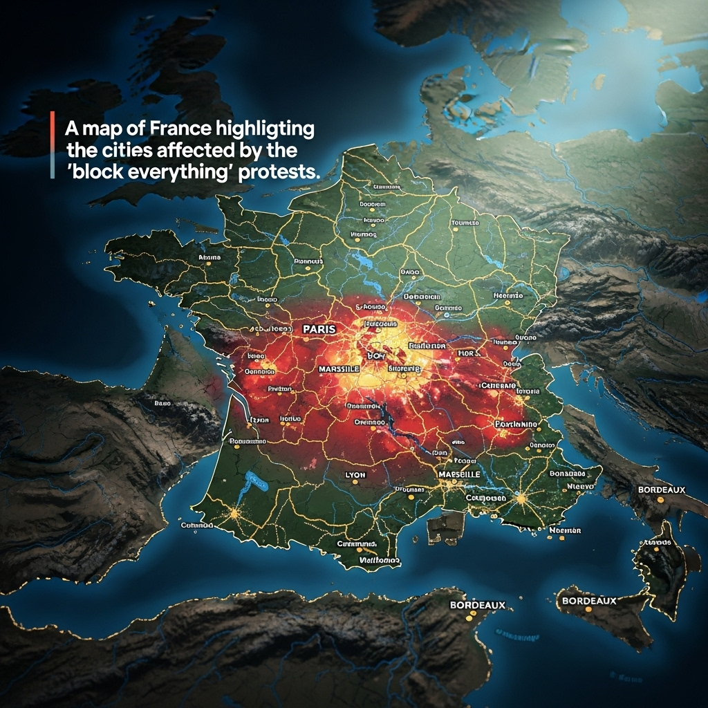 'Block Everything' Protests: Over 200 Arrested in France 4 A map of France highlighting the cities affected by the 'block everything' protests.